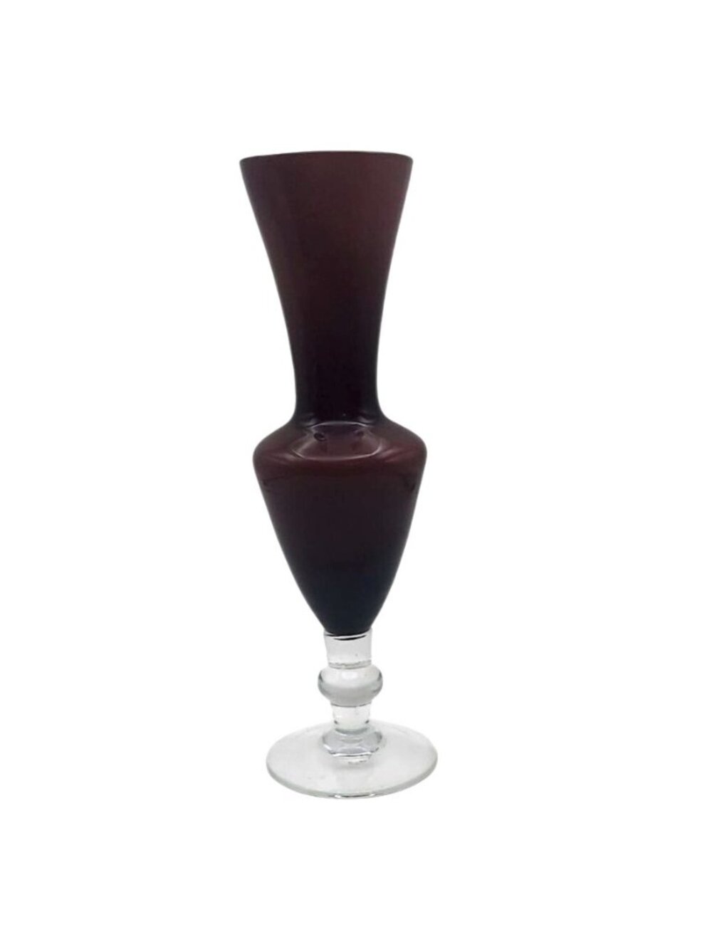 Vintage Dark Amethyst Plum Purple Cased Glass Bud Vase With Clear Applied Base
